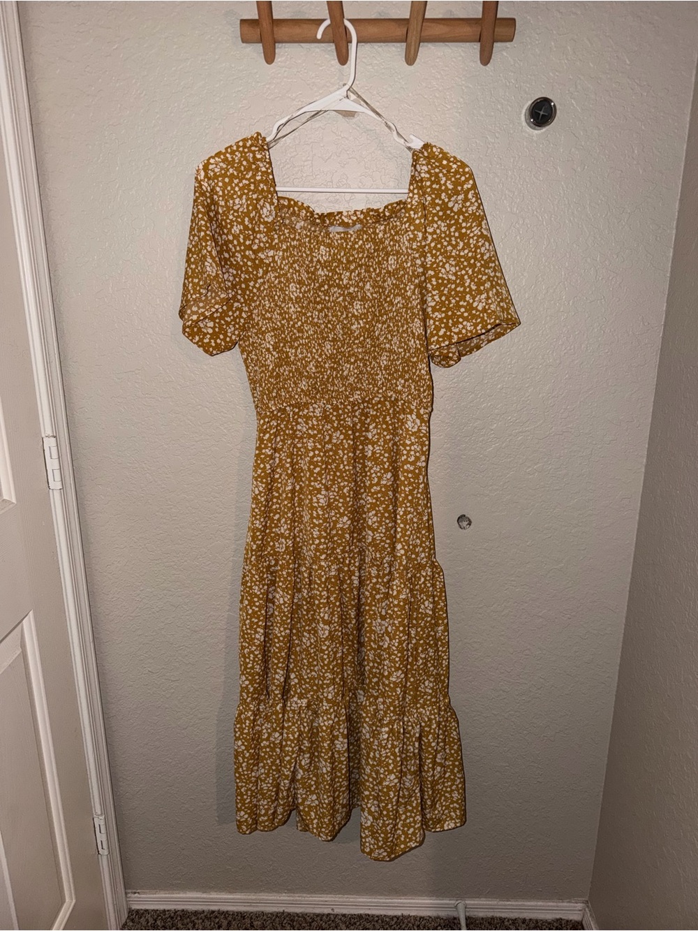 Mustard Yellow Floral Midi Dress - Square Neck, Short Sleeve